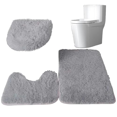 WSYJWEX Badezimmerteppichset Nicht-Schlupf 3-teiliges Badezimmerteppich Set Absorption Badematte mit Rechteck, U-Form und O-Form traditionelle Badenteppiche Weiche Toilettenmatte für, grau 3 Stück von WSYJWEX