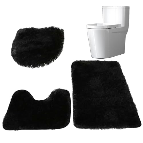 WSYJWEX Badezimmerteppichset Nicht-Schlupf 3-teiliges Badezimmerteppich Set Saugle Badematte mit Rechteck, U-Form und O-Form traditionelle Badenteppiche Weiche Toilettenmatte für, schwarz von WSYJWEX