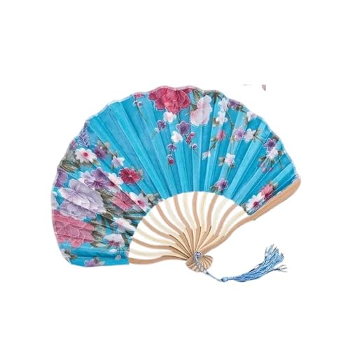 WTAXBH Handfächer 1 Stück Retro Jakobsmuschel-Faltfächer, Blumen-Spinnseide-Tuch, Handheld for Tanz, Cheongsam, Kunst, Fransen, gebogener Knochenfächer(Blue) von WTAXBH