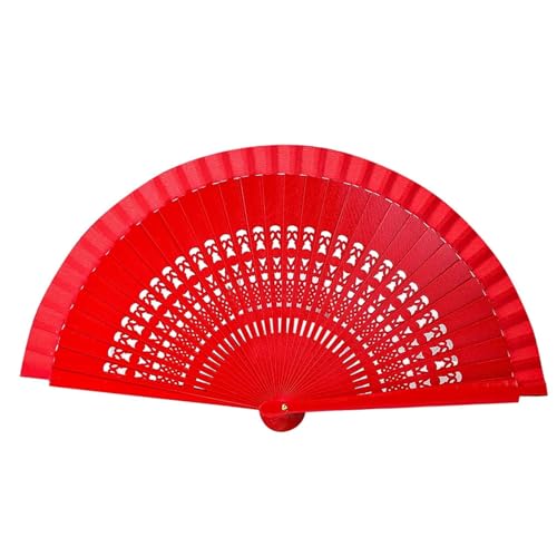 WTAXBH Handfächer Roter aushöhlen doppelseitiger Mondstern-Fransenquasten-Holz-eleganter Handfalt-Bühnenfächer von WTAXBH