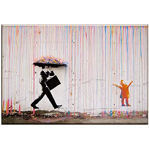 Banksy Bild Wand Bilder Straße Graffiti Mann Kind Regenschirm Kunstdruck Auf Leinwand Moderne Abstrakte Leinwand Poster Bild Für Wohnzimmer Wanddekor Rahmenlos 60×80cm von WTEVMAIY