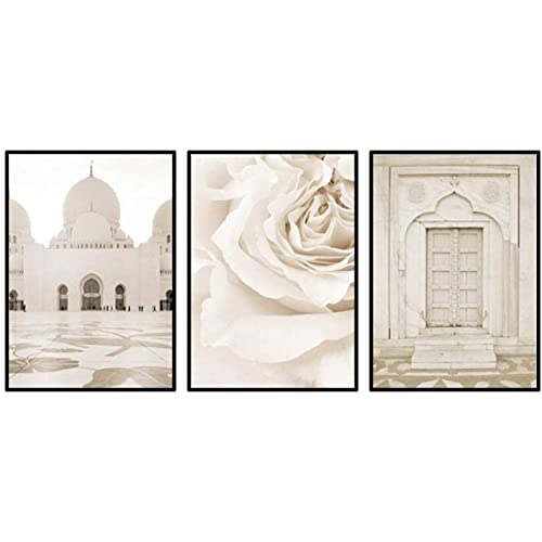 Islamische Beige Blumen Poster Moschee Marokko TüR Landschaft Wand Bilder BöHmen Leinwand Bild Moderne Wohnzimmer Dekoration Rahmenlos 40×50cm×3 StüCk von WTEVMAIY