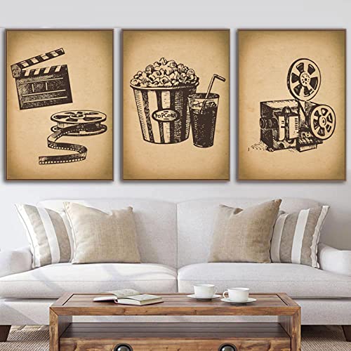 Kino Kino Poster Vintage Wand Bilder Leinwand Bild Poster Kunstdruck Popcorn Film Clapper Retro Bilder Wohnzimmer Wohnkultur Rahmenlos 40×60cm×3pcs von WTEVMAIY