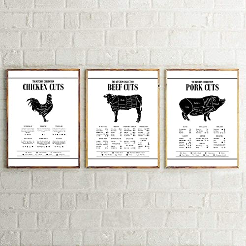 Küche Diagramm Rindfleisch Schweinefleisch Huhn Schnitte Poster Metzger Diagramm Leinwand Bild Wand Bilder Bild Poster Kunstdruck Moderne Restaurant Wanddekor Rahmenlos 30×40cm×3 Stück von WTEVMAIY