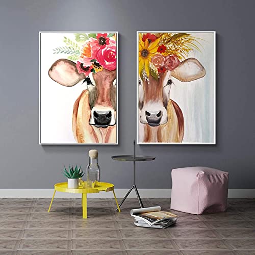 Lustige Tier Kuh mit Blumen auf dem Kopf Leinwand Bild Wanddekor Nordic Poster und Kunstdrucke Wandbilder Wand Bilder für Wohnzimmer Dekoration Rahmenlos 50×70cm×2pcs von WTEVMAIY