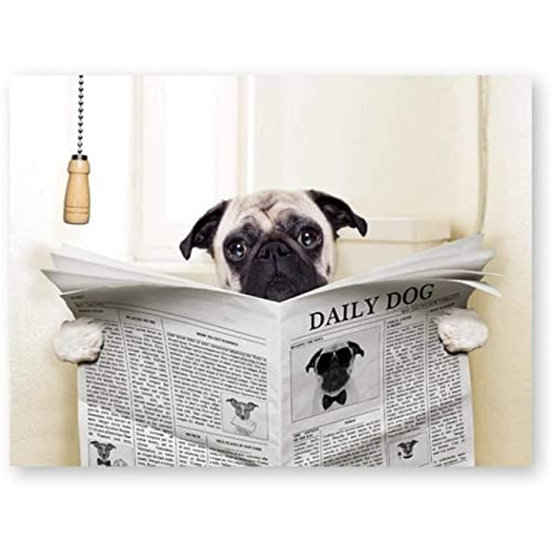 Mops Hund auf Toilette und Lesen Zeitschrift mit einer Pause Lustige Leinwand Poster Kunstdrucke Badezimmer Toilette Wand Gemälde Dekor Leinwand Bild Rahmenlos 40×50cm von WTEVMAIY