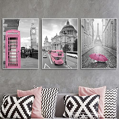 Rosa Schwarz Weiß Wand Bilder Poster Kunstdruck Paris Scenic Leinwand Bild Abtract Tourise Bus Telefonzelle Dekoration Home Bild Wohnzimmer Dekor Rahmenlos 60×80cm×3 Stück von WTEVMAIY