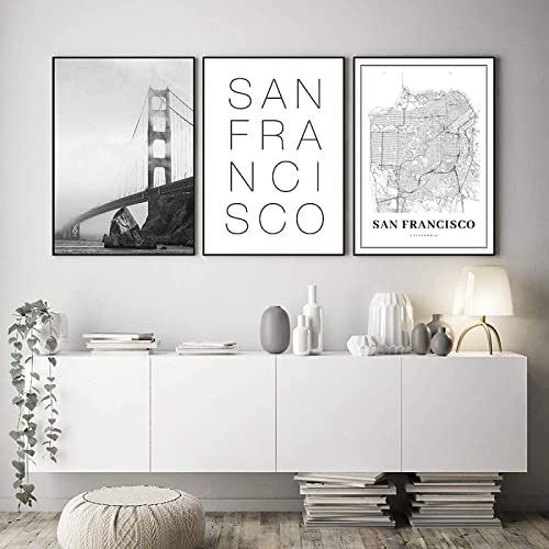 San Francisco Karte Kunstdrucke Golden Gate Bridge Schwarz Weiß Foto Wandbilder Kalifornien USA Stadtplan Bild Wohnkultur Rahmenlos 40×60cm×3pcs von WTEVMAIY