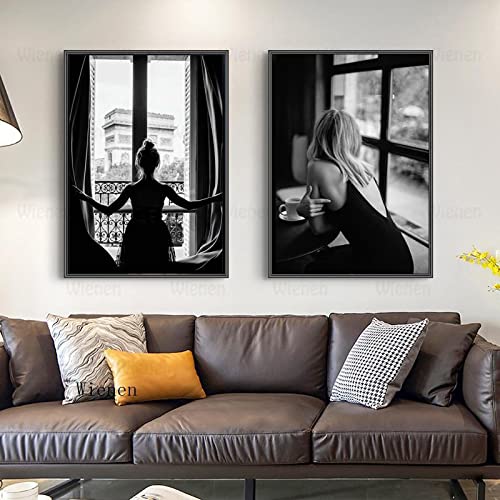 Schwarz und weiß Fenster Ballett Mädchen Leinwand Bild Nordic Schöne Frau Poster Wand Bilder Bilder Wohnzimmer Schlafzimmer Wohnkultur Rahmenlos 40×60cm×2pcs von WTEVMAIY