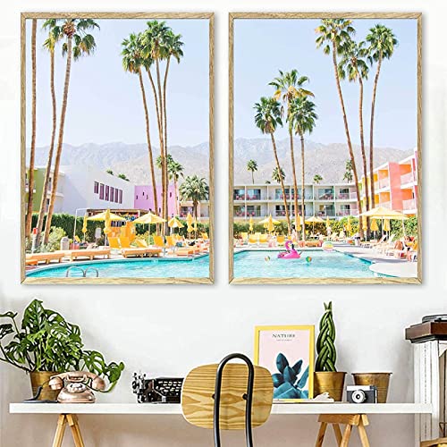 Tropische Palme Leinwanddruck Saguaro Hotel Poster Palm Springs Foto Landschaftsmalerei Wandbilder Für Wohnzimmer Dekor Rahmenlos 60×80cm×2pcs von WTEVMAIY