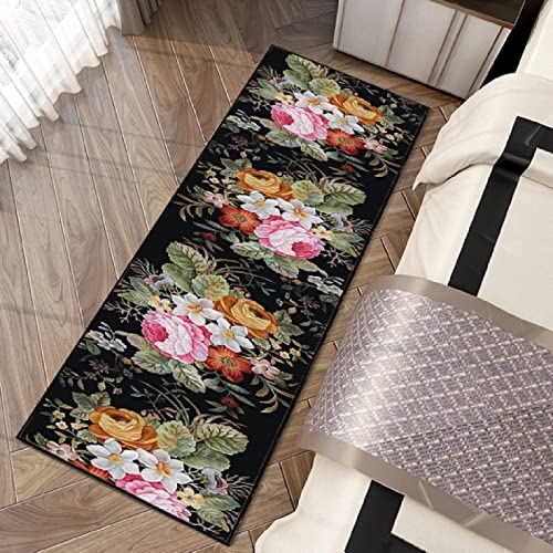 WTHYGB Flur Teppich Läufer Küche Teppich 80CM*250CM, Anti Rutsch Waschbare Küchenteppich, Lang Polyester丨Meterware Teppich für Flur Schlafzimmer (Blumenmuster, Color : Schwarz) von WTHYGB