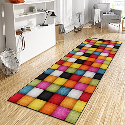 WTHYGB Teppich Läufer Flur 40x170 cm, 6 MM Dickem rutschfest Waschbar Polyester Küchenläufer, Dauerhaft Pflegeleicht Teppichläufer für Korridor/Schlafzimmer/Innen Wohnzimmer/Küche-Buntes Gitter von WTHYGB
