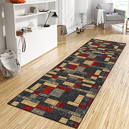 WTHYGB Teppich Läufer Flur 50x150 cm, rutschfest Waschbar Dauerhaft Moderne Lang Polyester Küchenläufer Flurläufer, 6 MM Dickem Teppichläufer für Korridor, Schlafzimmer, Wohnzimmer Rot-Grau-Gelb von WTHYGB