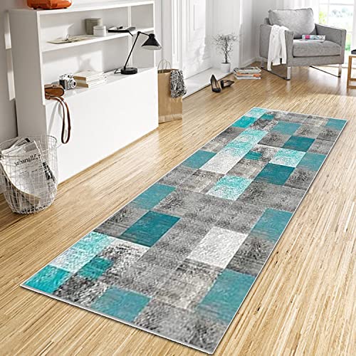 WTHYGB Teppich Läufer Flur Küche 100x250 cm, Modern rutschfest Waschbar Küchenläufer Flurläufer, Lang Polyester Plaid Muster Wasserblau Teppichläufer für Korridor, Schlafzimmer, Innen Wohnzimmer von WTHYGB