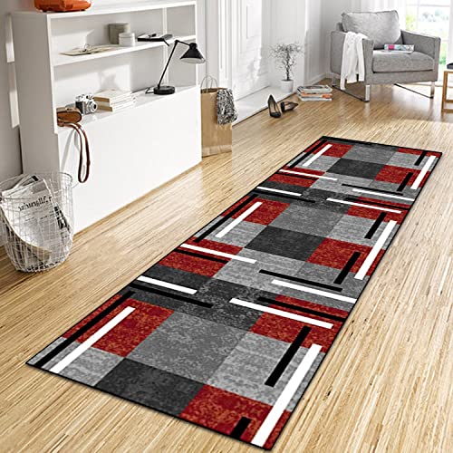 WTHYGB Teppich Läufer Flur Küche 40x120 cm, Modern rutschfest Waschbar Küchenläufer Flurläufer, Lang Polyester Plaid Dunkelgrau-Rot Teppichläufer für Korridor, Schlafzimmer, Innen Wohnzimmer von WTHYGB