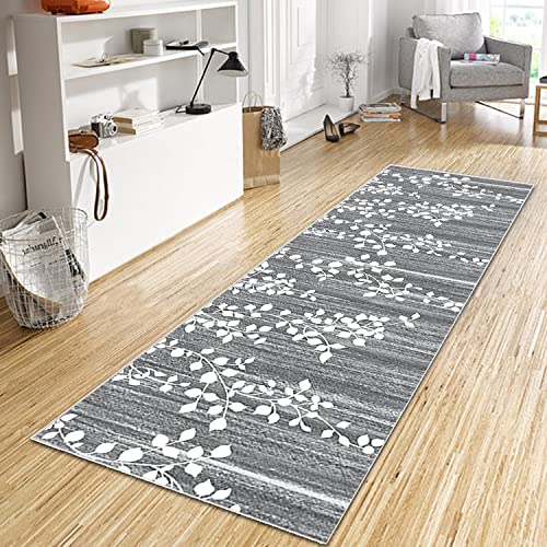 WTHYGB Teppich Läufer Flur Küche 40x200 cm, Modern rutschfest Waschbar Küchenläufer Flurläufer, Lang Polyester Blattmuster Grau Teppichläufer für Korridor, Schlafzimmer, Innen Wohnzimmer von WTHYGB