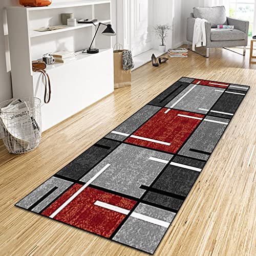 WTHYGB Teppich Läufer Flur Küche 40x450 cm, Modern rutschfest Waschbar Küchenläufer Flurläufer, Lang Polyester Plaid Grau und Rot Teppichläufer für Korridor, Schlafzimmer, Innen Wohnzimmer von WTHYGB