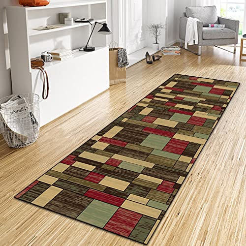 WTHYGB Teppich Läufer Flur Küche 40x80 cm, Modern rutschfest Waschbar Küchenläufer Flurläufer, Lang Polyester Plaid Muster Braun Grün Teppichläufer für Korridor Schlafzimmer, Innen Wohnzimmer von WTHYGB