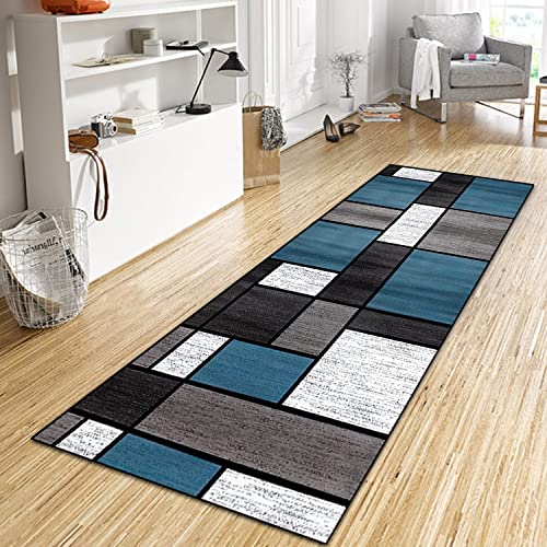 WTHYGB Teppich Läufer Flur Küche 50x250 cm, Modern rutschfest Waschbar Küchenläufer Flurläufer, Lang Polyester Plaid Muster Navy Blau Teppichläufer für Korridor, Schlafzimmer, Innen Wohnzimmer von WTHYGB