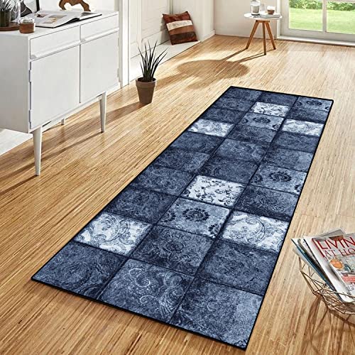 WTHYGB Teppich Läufer Flur Küche 50x480 cm, Vintage rutschfest Waschbar Küchenläufer Flurläufer, Lang Polyester Plaid Muster Navy Blau Teppichläufer für Korridor, Schlafzimmer, Innen Wohnzimmer von WTHYGB