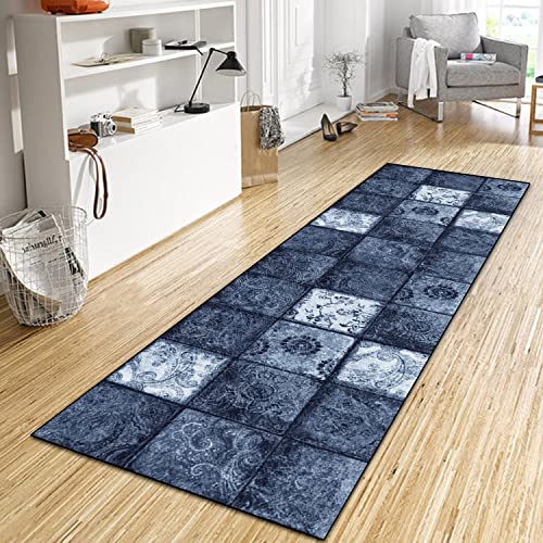 WTHYGB Teppich Läufer Flur Küche 60x270 cm, Vintage rutschfest Waschbar Küchenläufer Flurläufer, Lang Polyester Plaid Muster Navy Blau Teppichläufer für Korridor, Schlafzimmer, Innen Wohnzimmer von WTHYGB