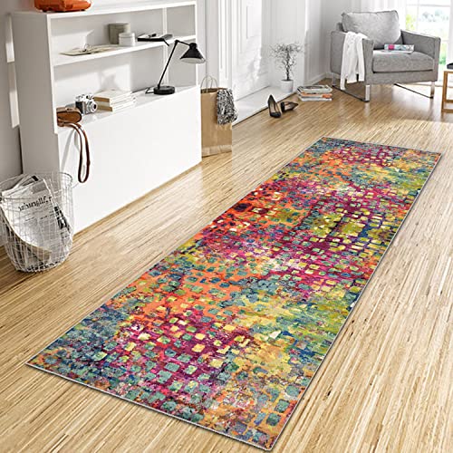 WTHYGB Teppich Läufer Flur Küche 70x220 cm, Modern rutschfest Waschbar Küchenläufer Flurläufer, Lang Polyester Plaid Muster Grün-Rot Teppichläufer für Korridor Schlafzimmer, Innen Wohnzimmer von WTHYGB