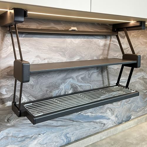 Pull-Down-Wandschrank-Aufbewahrungsorganizer, 2-stufiges Pull-Down-Geschirr- und Gewürzregalsystem, klappbare Pull-Down-Regalhalterungen für Gewürzgläser, Flaschen, Streuer, Schwarz, One Color-89cm/ von WTLONBF
