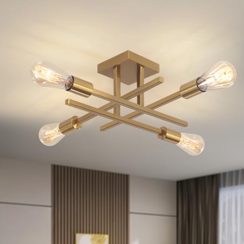 WTUOING Vintage Deckenlampe Gold, 4 Flammig Deckenleuchte Schlafzimmer Deckenlampe Wohnzimmer, Retro Deckenleuchte Modern Industrial Wohnzimmerlampe Sputnik Kronleuchter für Küche, Esszimmer Flur von WTUOING