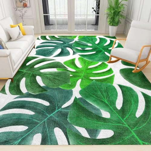 WTVBHF Böhmischer Smaragdgrüner Palmenblatt-Teppich, Moderner Leichter Luxus-Schlafzimmerteppich Mit Tropischer Pflanze Monstera, Weich rutschfest, Geeignet Für Wohnzimmer Studio Wohnung-80x150cm von WTVBHF