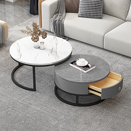 2er Set Kaffeetische Rund Couchtisch Set Seitentisch ineinandergreifend mit Schubladen Couchtisch Couchtisch mit Gestell aus Marmor Schiefer Metallgestell moderner Teetisch für Möbel von WTXHYY