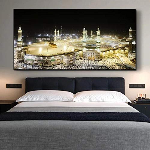 WTYBGDAN Mekka Moschee Stadt Nachtansicht Leinwandbilder an der Wand Islamische Kunst Poster und Drucke Muslim Art Dekorative Wohnzimmer Bilder | 60x120cm / kein Rahmen von WTYBGDAN