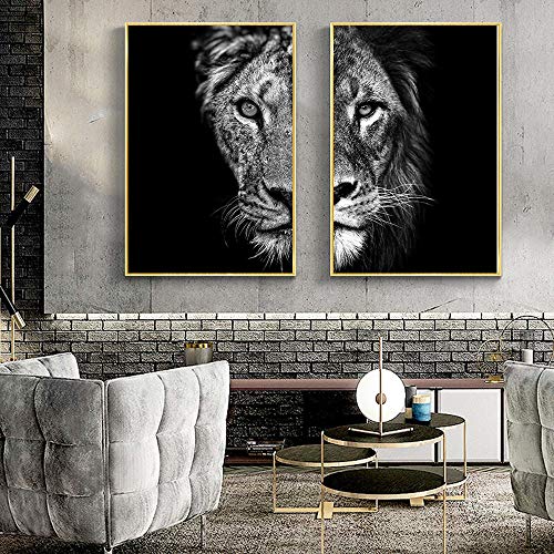 WTYBGDAN Tierkunst Bild Löwe Löwin Schwarz-Weiß-Poster Dekorieren Sie den Raum Bild Leinwand Malerei Wohnzimmer Dekoration | 50x70cmx2Pcs | Kein Rahmen von WTYBGDAN