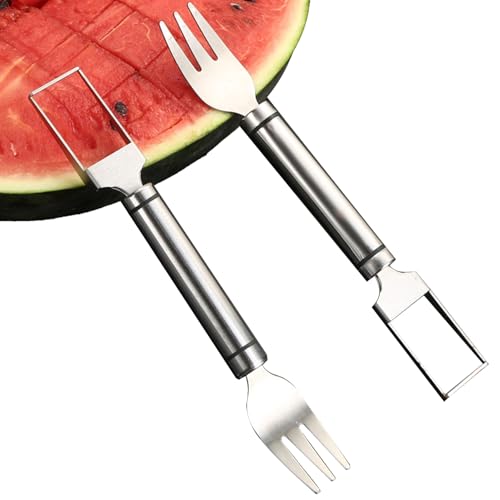 WUBAYI 2-in-1-Obstschneider aus Edelstahl – Doppelkopf-Melonenschneider & Würfel, Wassermelonen-Würfelschneider mit Gabel, Sommerfrucht-Schneidewerkzeug (2 Stück) von WUBAYI