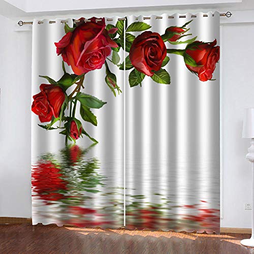WUBMQ Vorhänge Blickdicht 3D Druck Rotes Rosenmuster Verdunkelungsvorhang Für Wohnzimmer Kinderzimmer Fensterdekoration Gardinen Mit Ösen 220X215Cm (BxH) 2 Stücke Schallschutz Vorhang von WUBMQ