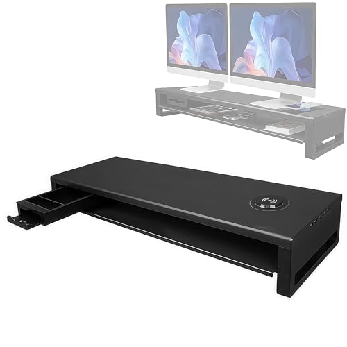 WUDLEP 3 in 1 Dual Monitorständer mit 1 Schubladen, 1 LED-Streifen für die Schublade,1 kabelloses Lademodul und 4 USB Anschlüssen, unterstützt die Datenübertragung und das Aufladen von WUDLEP
