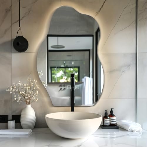 WUDLEP Asymmetrischer Spiegel mit Beleuchtung, 60 * 40 cm LED-Badspiegel, LED-Spiegel mit Beleuchtung mit Touch-Schalter, 3 Lichtfarben Einstellbar Beschlagfreier LED-Spiegel von WUDLEP