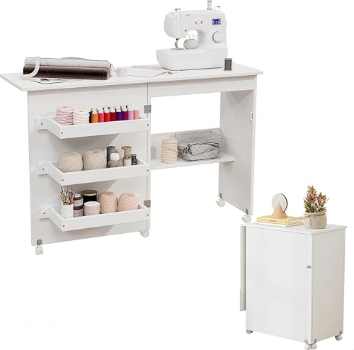 WUDLEP Klappbarer Nähtisch Mehrzweck-Handarbeitsplatz & Beistelltisch, Nähkabinett mit 3 Aufbewahrungsfächern und Regal, Rolling Craft Station Nähmaschinen-Arbeitstisch mit Rädern für kleine Räume von WUDLEP