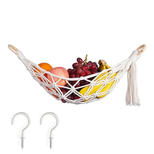 WUDQIJI Frucht Gemüse Hängematte Lang 56cm Obst Hängematte Obstkorb hängend Obst Hängekorb Küche Hängend Spielzeug Organizer mit 2 Stück Schraubhaken für Küche Wohn Badezimmer Schlafzimmer von WUDQIJI