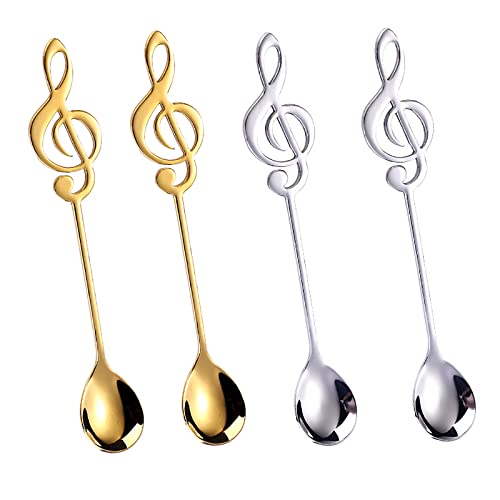 WUDQIJI Kaffeelöffel Dessert Löffel Espressolöffel 4 Stück 15,5cm Dekorative Musiknote Rührlöffel Teelöffel Dessertlöffel Edelstahl Löffel Servierlöffel Joghurtlöffel für Zuhause (Gold,Silber) von WUDQIJI