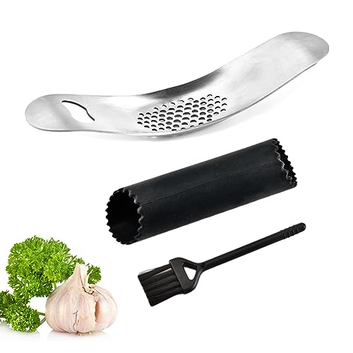 WUDQIJI Knoblauchpresse Knoblauchschneider 3-teiliges Set Edelstahl Rostfrei Knoblauchmühle Garlic Press Ingwer Smasher Crusher mit Reinigungsbürste Knoblauchschäler einfache Handhabung und Reinigung von WUDQIJI