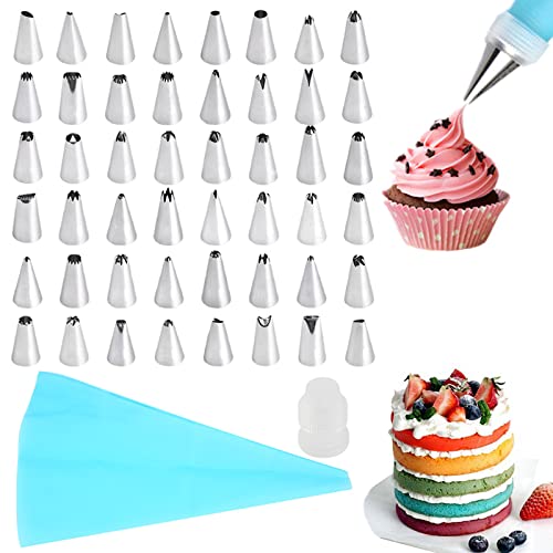WUDQIJI Spritztüllen Set 50 Stück Spritzbeutel Torten Zubehör Set Torten Dekoration Set einschließlich 48 Edelstahldüsen 1 Silikonbeutel 1 Standardkonverter für Cupcakes Torten Kuchen von WUDQIJI