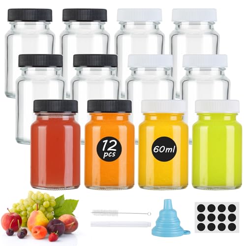 WUERQIE 12 Stück 60ml/2oz Shot Flaschen zum Befüllen, Kleine Glasflaschen mit Deckel und Etiketten,Mini Glasfläschchen,Mehrweg Ingwer Schnapsflaschen für Saft Smoothie Ingwer Shot Whiskey WUERQIE 12 Stück 60ml/2oz Shot Flaschen zum Befüllen, Kleine Glasflaschen mit Deckel und Etiketten,Mini Glasfläschchen,Mehrweg Ingwer Schnapsflaschen für Saft Smoothie Ingwer Shot Whiskey von WUERQIE
