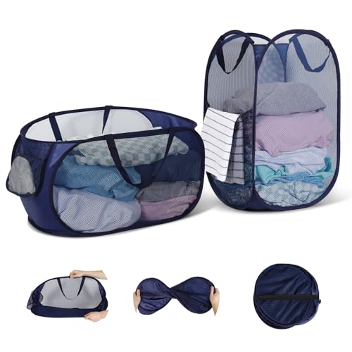 WUFANC Pop Up Wäschekorb Faltbar 2 Stück (34*34*60cm/28*33*59cm) , Wäschekorb Klappbar aus Netzmaterial, Faltbarer Wäschekorb mit Henkel für Badezimmer Camping College Dorm Und Reisen(Navy blau) von WUFANC