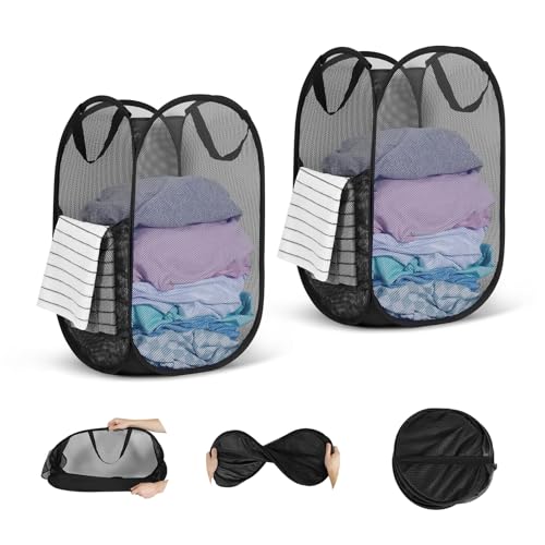 WUFANC Pop Up Wäschekorb Faltbar 2 Stück (36 * 36 * 58cm), Wäschekorb Klappbar aus Netzmaterial, Faltbarer Wäschekorb mit Henkel für Badezimmer Camping College Dorm Und Reisen (Schwarz - 2 Vertikale) von WUFANC
