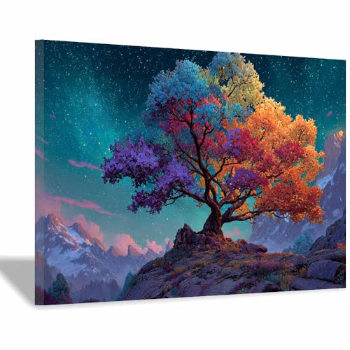 WUFIEA Baum des Lebens Modern Leinwandbild Baum unter den Sternen Wohnzimmer Schlafzimmer Wandbild(Violett)-20x30cm Gerahmt von WUFIEA