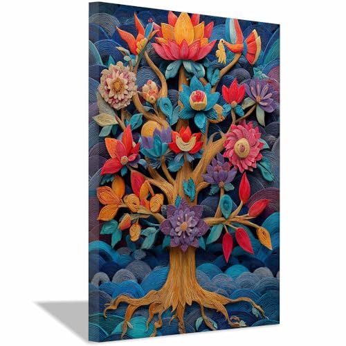 WUFIEA Baum des Lebens Modern Leinwandbild Blume Baum Wohnzimmer Schlafzimmer Wandbild(Mehrfarbige)-60x90cm Gerahmt von WUFIEA