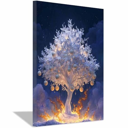 WUFIEA Baum des Lebens Modern Leinwandbild Brennender Obstbaum Wohnzimmer Schlafzimmer Wandbild(Goldene)-60x90cm Gerahmt von WUFIEA