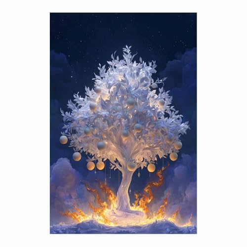 WUFIEA Baum des Lebens Modern Leinwandbild Brennender Obstbaum Wohnzimmer Schlafzimmer Wandbild(Goldene)-60x90cm Ungerahmt von WUFIEA
