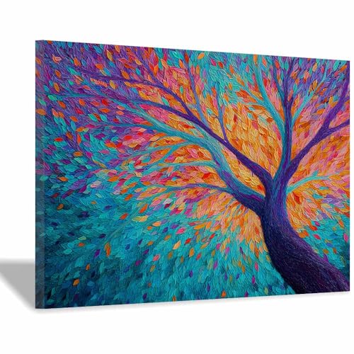 WUFIEA Baum des Lebens Modern Leinwandbild Bunter Blätterbaum Wohnzimmer Schlafzimmer Wandbild(Mehrfarbige)-40x60cm Gerahmt von WUFIEA
