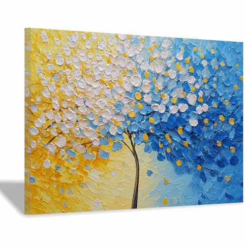 WUFIEA Baum des Lebens Modern Leinwandbild Bunter Blütenbaum Wohnzimmer Schlafzimmer Wandbild(Blau Weiß)-60x80cm Gerahmt von WUFIEA